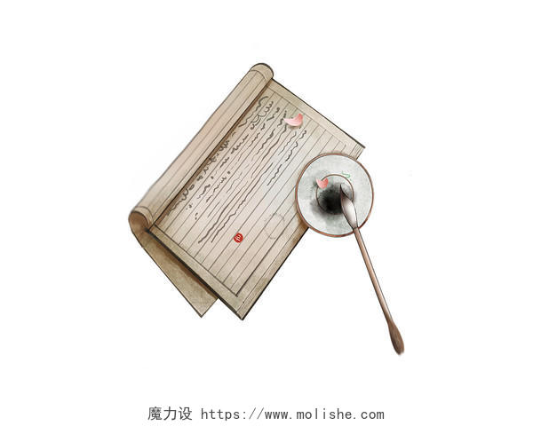棕色手绘古风中国风水墨书法毛笔笔墨纸砚元素PNG素材